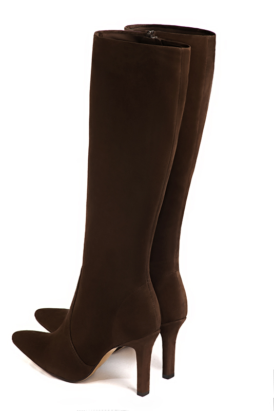 Dark brown women's feminine knee-high boots. Tapered toe. Very high slim heel. Made to measure. Rear view - Florence KOOIJMAN